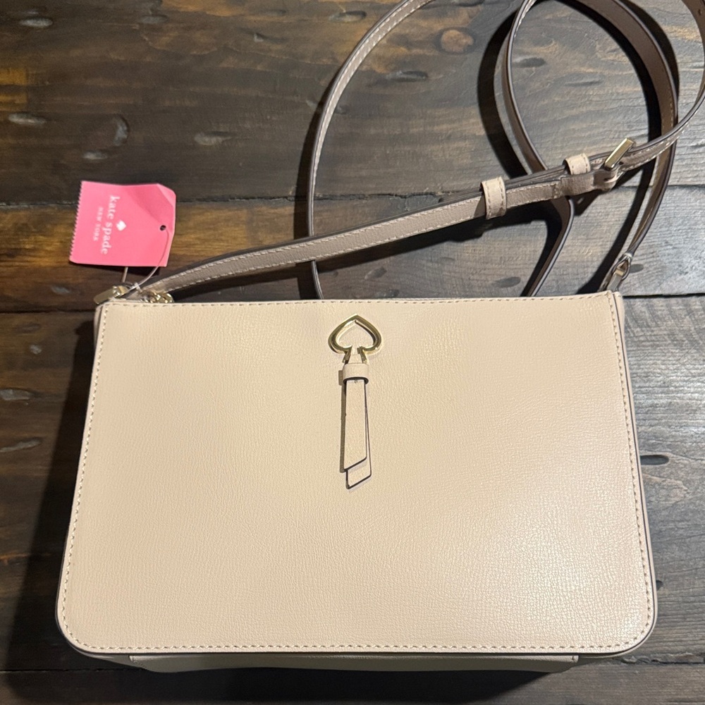 kate spade Warm Beige Leather Medium Top Zip Crossbody with Gold Heart Charm